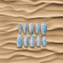 Blue and White Greek Tile Nails - Luxury Reusable Press On Nails UK - 10pc Summer Collection - Nikki Nailed it