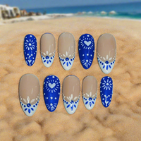 Blue Greek Porcelain Nails | Luxury Pattern Gel Press On Nails | Reusable Artificial Nails - Nikki Nailed it