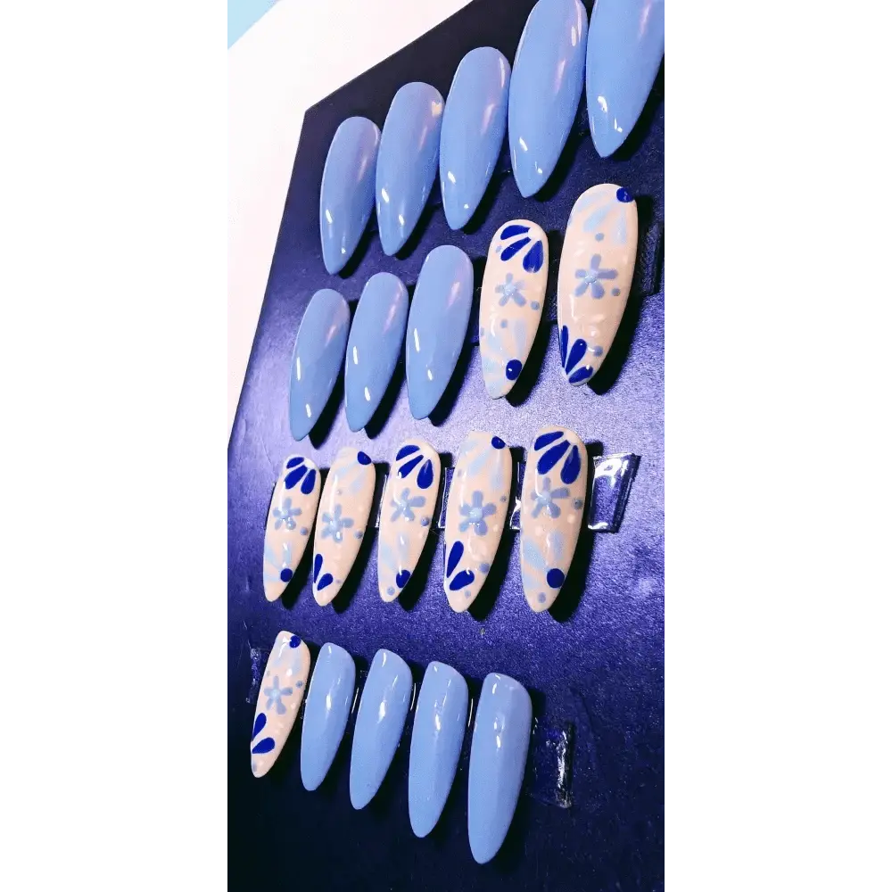 20pc Set Cornflower Blue Nails - Hand - Painted Luxury Press On Gel Nails | Reusable Medium Almond Shape UK - Nikki Nailed it