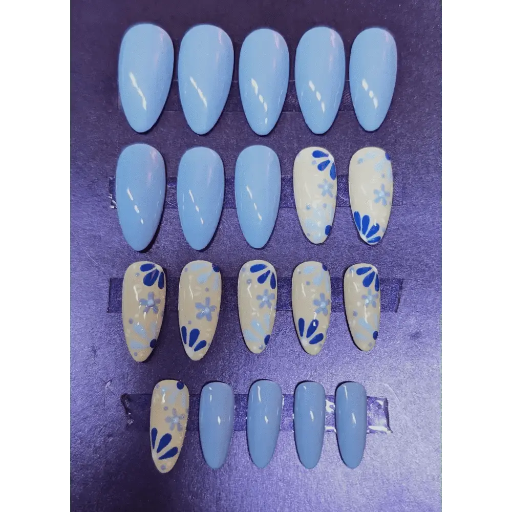 20pc Set Cornflower Blue Nails - Hand - Painted Luxury Press On Gel Nails | Reusable Medium Almond Shape UK - Nikki Nailed it