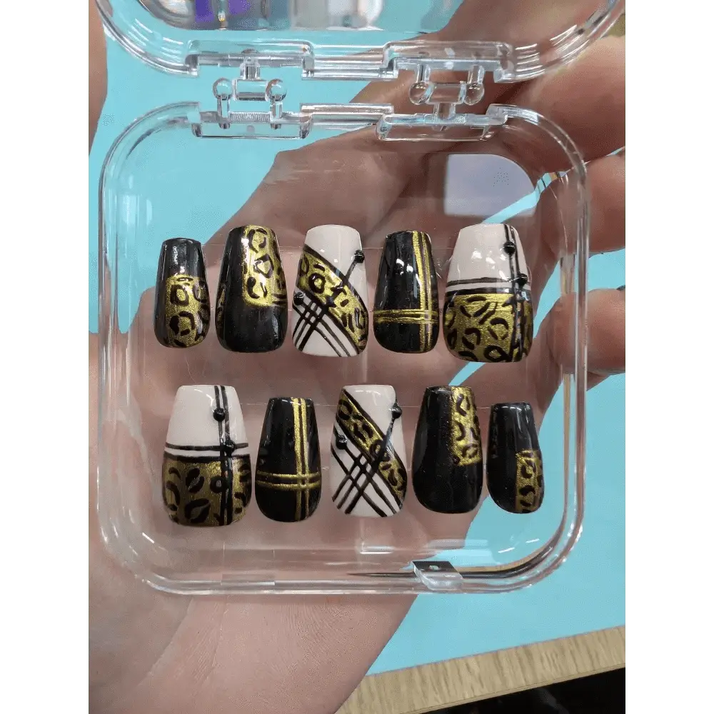 Black and Gold Leopard Nails | Luxury Press On Nails Set with Animal Print Chrome Stripe | 10pc Reusable Nail Set UK - Nikki Nailed it