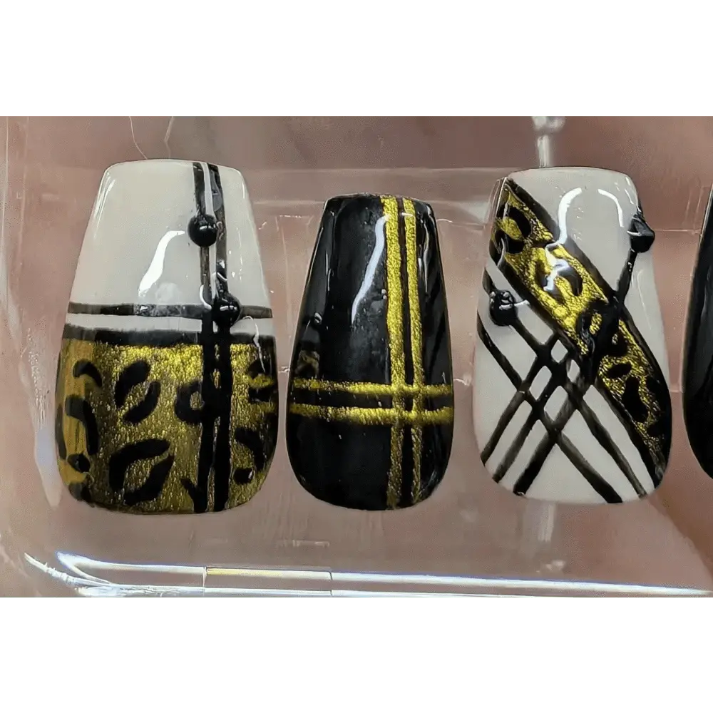 Black and Gold Leopard Nails | Luxury Press On Nails Set with Animal Print Chrome Stripe | 10pc Reusable Nail Set UK - Nikki Nailed it