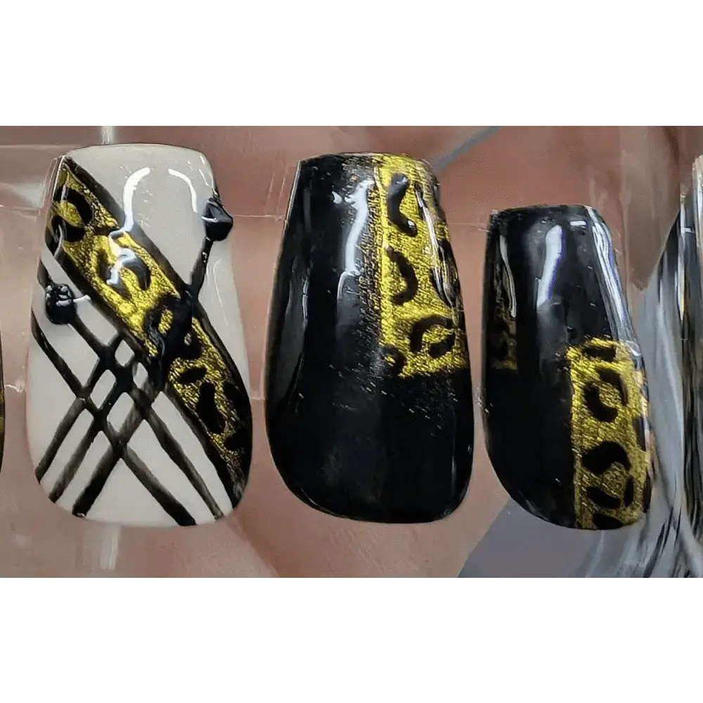 Black and Gold Leopard Nails | Luxury Press On Nails Set with Animal Print Chrome Stripe | 10pc Reusable Nail Set UK - Nikki Nailed it