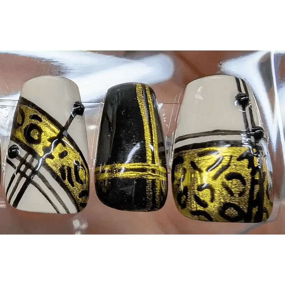 Black and Gold Leopard Nails | Luxury Press On Nails Set with Animal Print Chrome Stripe | 10pc Reusable Nail Set UK - Nikki Nailed it