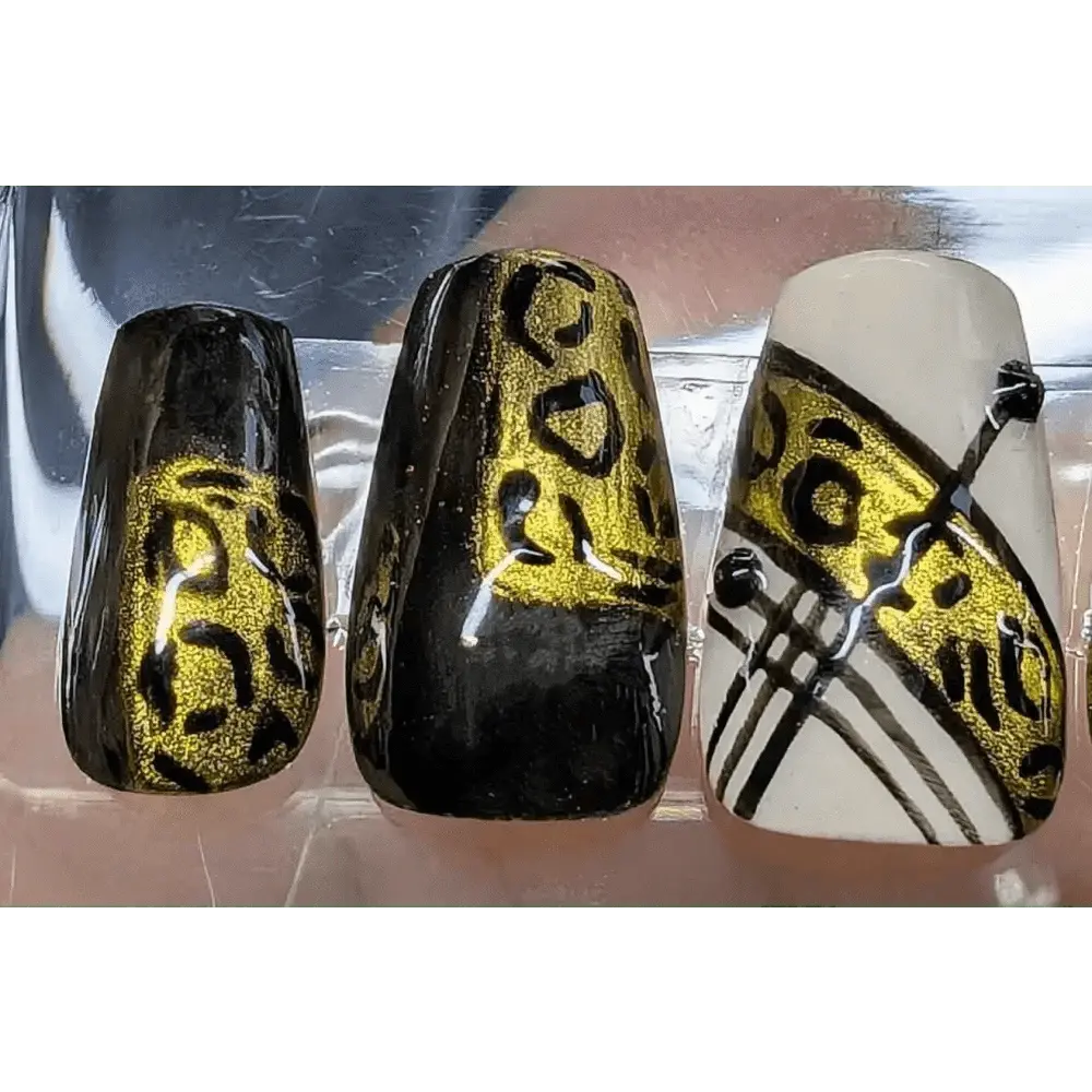 Black and Gold Leopard Nails | Luxury Press On Nails Set with Animal Print Chrome Stripe | 10pc Reusable Nail Set UK - Nikki Nailed it