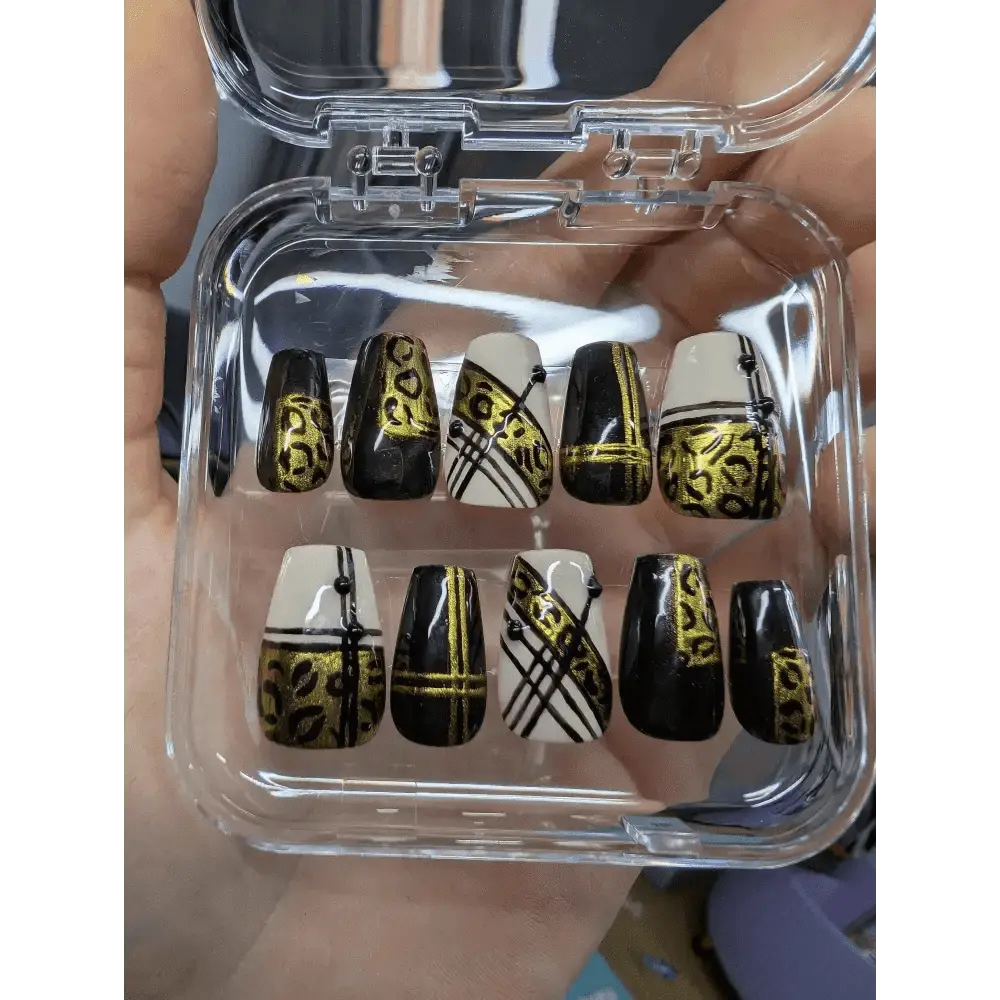 Black and Gold Leopard Nails | Luxury Press On Nails Set with Animal Print Chrome Stripe | 10pc Reusable Nail Set UK - Nikki Nailed it