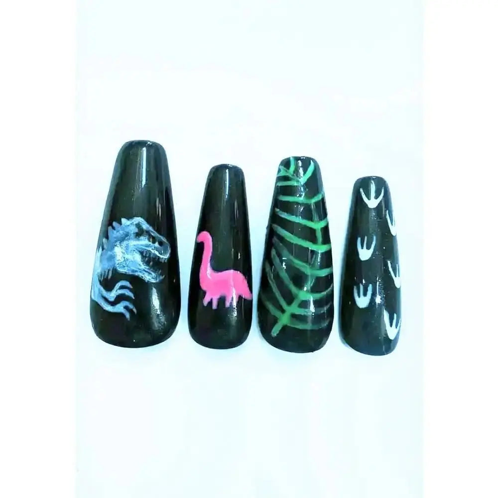 Black and Neon Dinosaur Nails Set | Luxury Reusable Gel Nails | Jurassic World 10pc Nail Kit - Nikki Nailed it