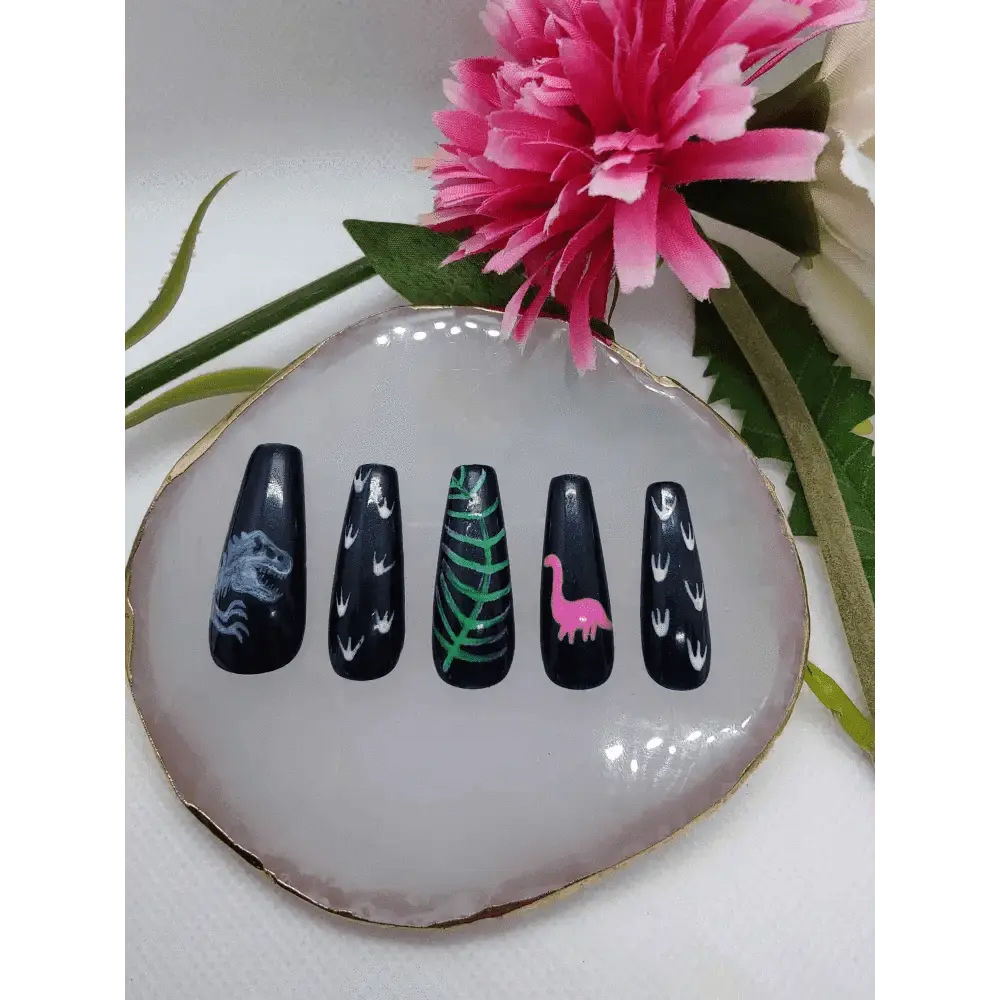 Black and Neon Dinosaur Nails Set | Luxury Reusable Gel Nails | Jurassic World 10pc Nail Kit - Nikki Nailed it