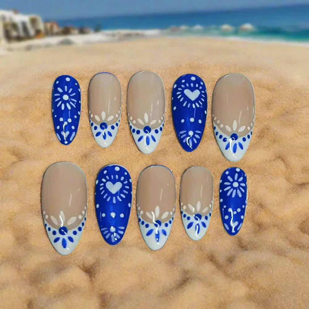 Blue Greek Porcelain Nails | Luxury Pattern Gel Press On Nails | Reusable Artificial Nails Product vendor   Nikki Nailed it