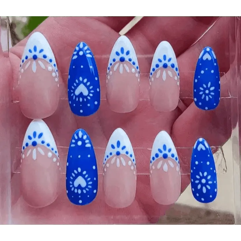 Blue Greek Porcelain Nails | Luxury Pattern Gel Press On Nails | Reusable Artificial Nails - Nikki Nailed it