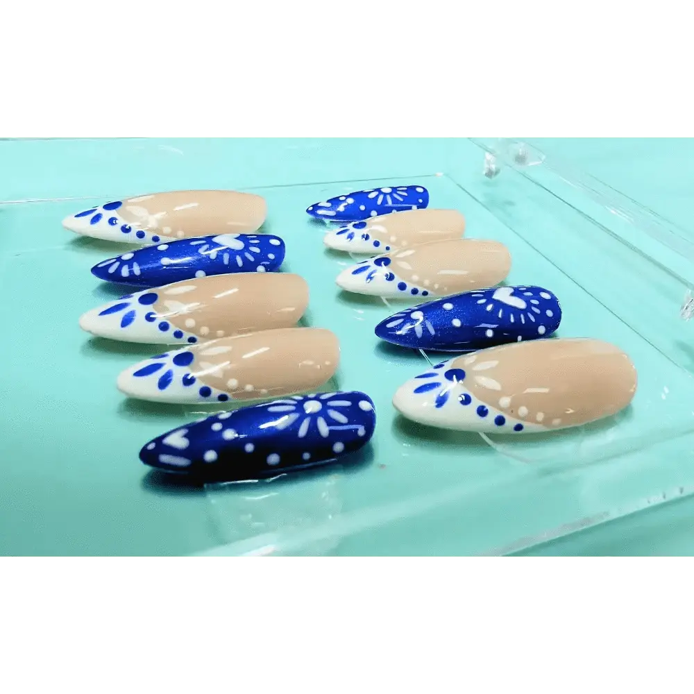 Blue Greek Porcelain Nails | Luxury Pattern Gel Press On Nails | Reusable Artificial Nails - Nikki Nailed it