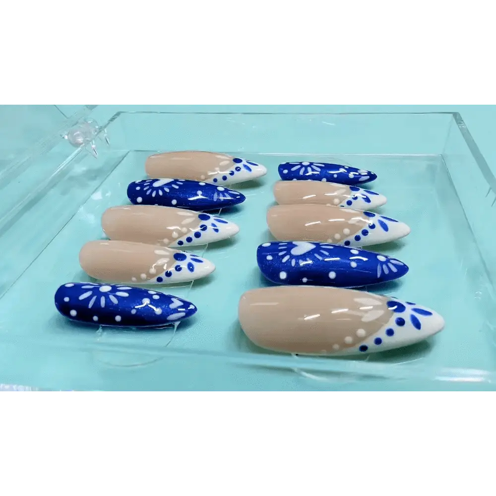 Blue Greek Porcelain Nails | Luxury Pattern Gel Press On Nails | Reusable Artificial Nails - Nikki Nailed it