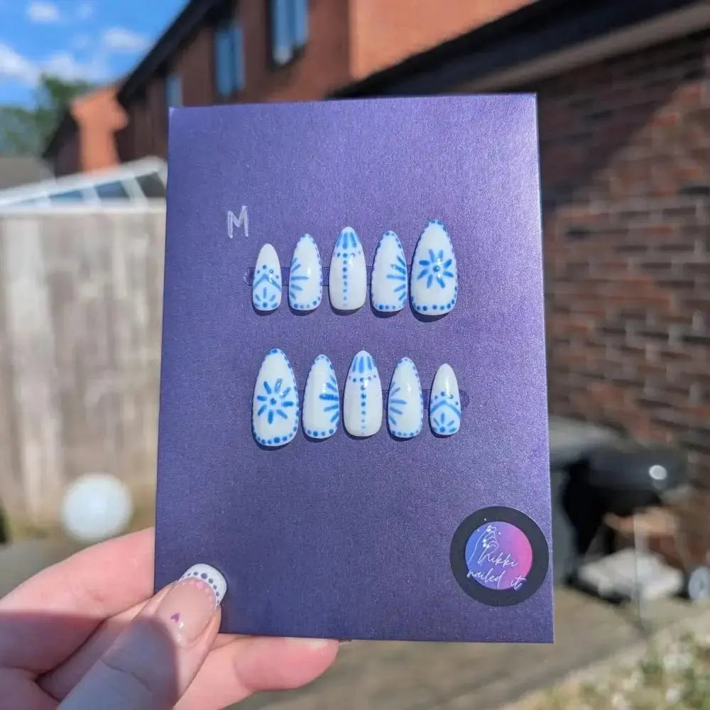 Blue & White Greek Tile Nails - Luxury Press On Nails | Clearance 10pc Set | Limited Edition Reusable Nails UK - Nikki Nailed it