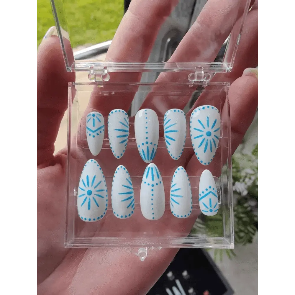Blue and White Greek Tile Nails - Luxury Reusable Press On Nails UK - 10pc Summer Collection - Nikki Nailed it