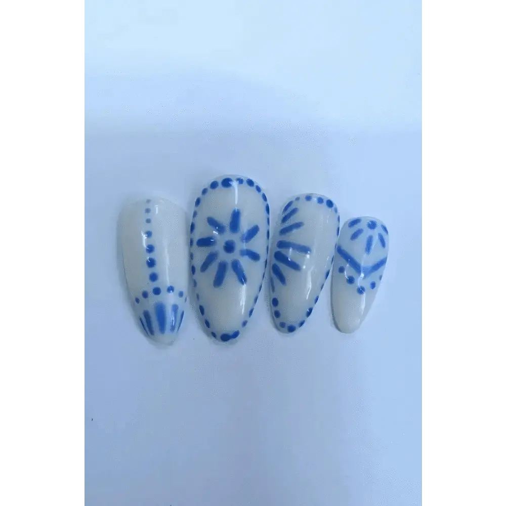 Blue and White Greek Tile Nails - Luxury Reusable Press On Nails UK - 10pc Summer Collection - Nikki Nailed it
