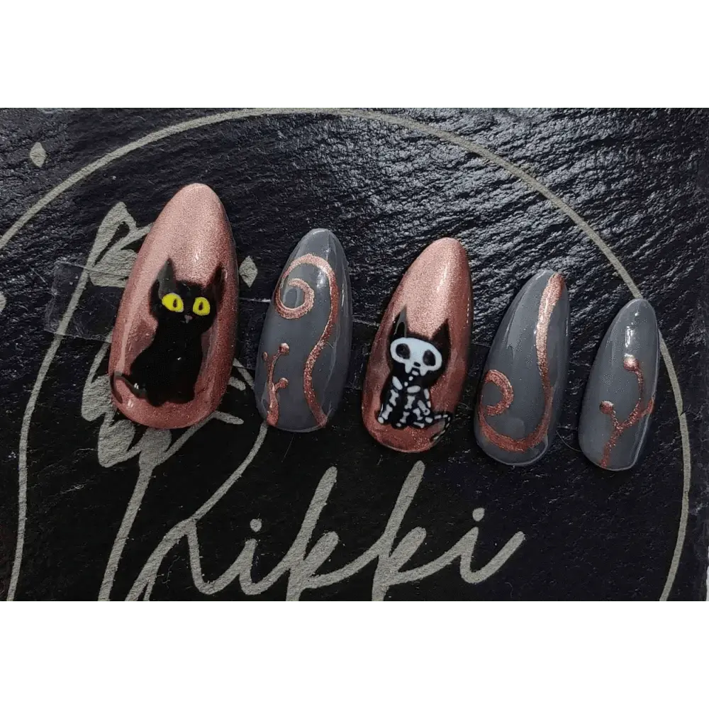 Copper Chrome Skeleton Cat Nails | Copper Chrome Gel Nails | Luxury 10pc Set | Reusable Artificial Nails UK - Nikki Nailed it