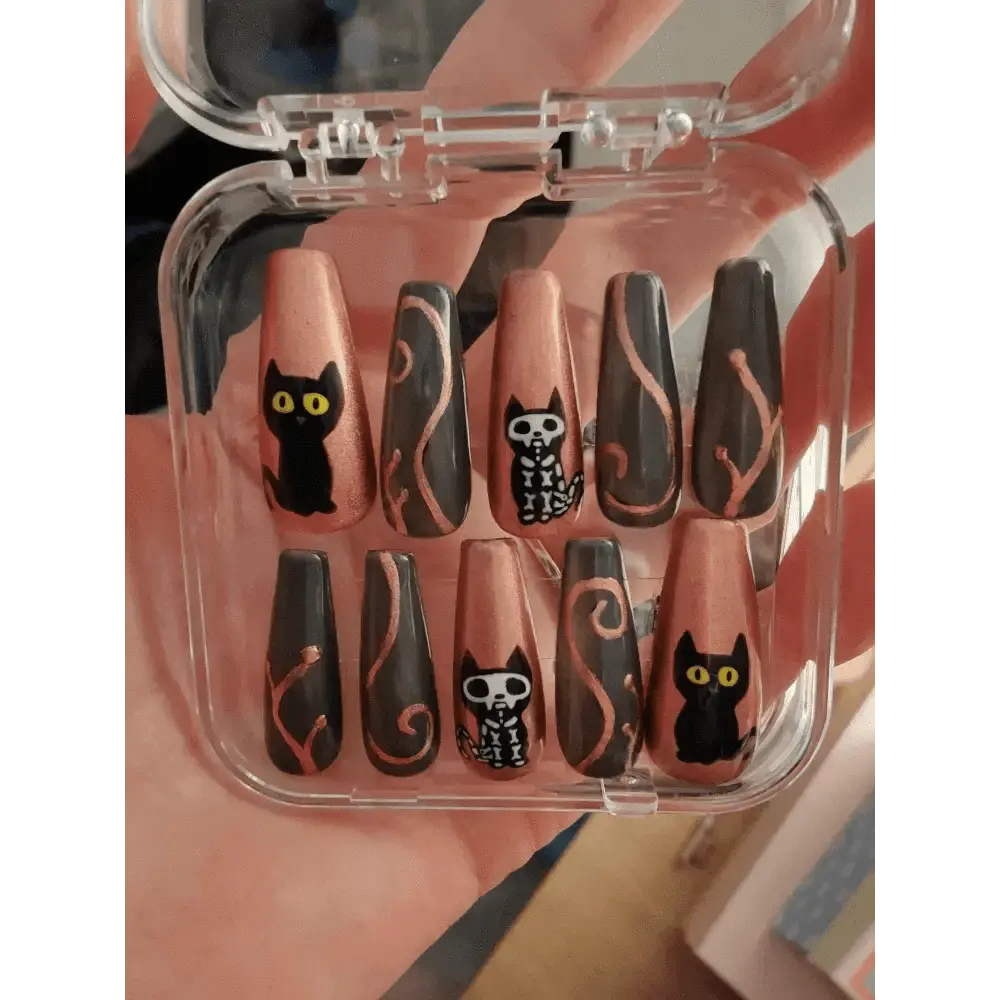 Copper Chrome Skeleton Cat Nails | Copper Chrome Gel Nails | Luxury 10pc Set | Reusable Artificial Nails UK - Nikki Nailed it