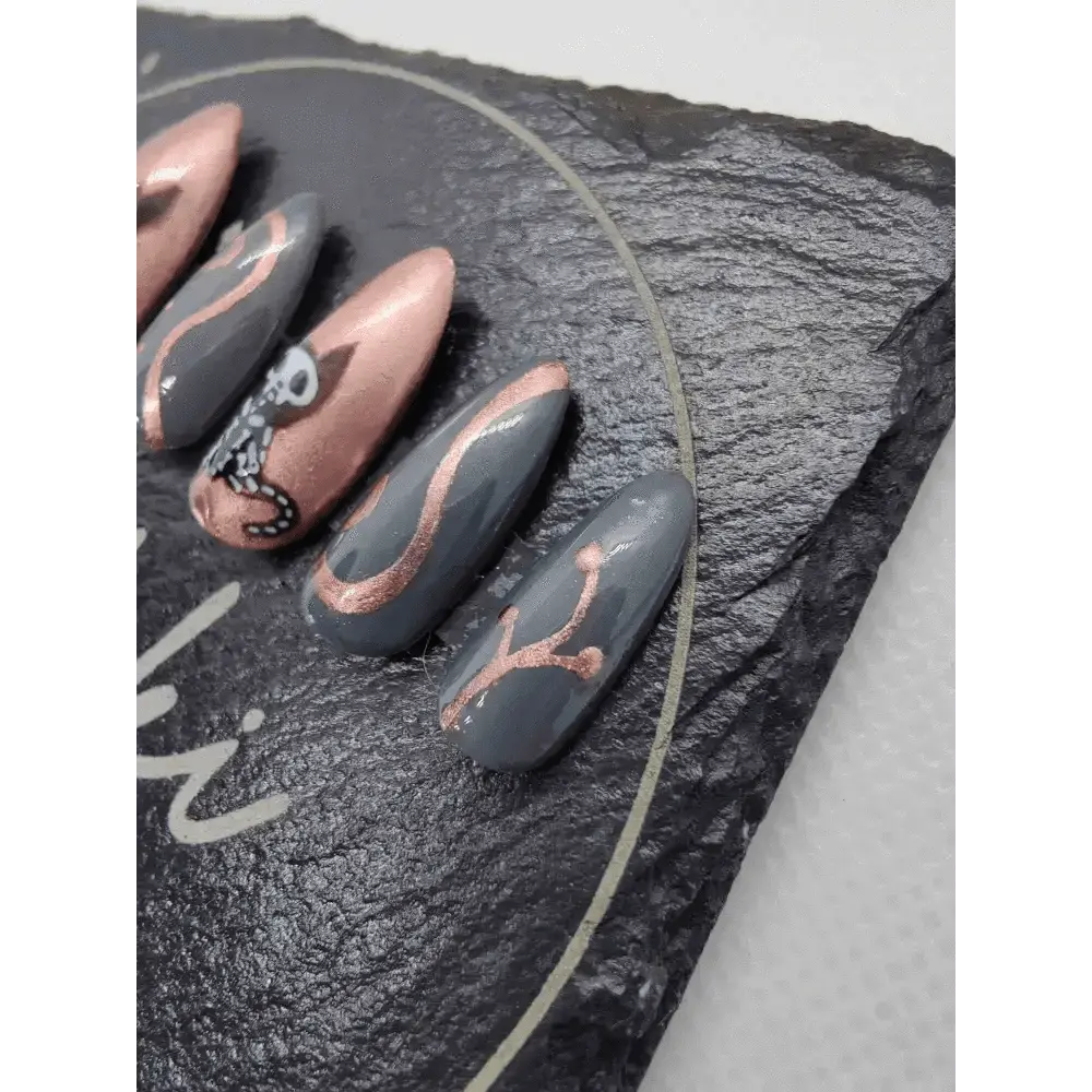 Copper Chrome Skeleton Cat Nails | Copper Chrome Gel Nails | Luxury 10pc Set | Reusable Artificial Nails UK - Nikki Nailed it