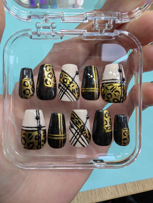 Black and Gold Press On Nails | Luxury Animal Print Chrome Stripe | Reusable 10pc Nail Set UK - Nikki Nailed it