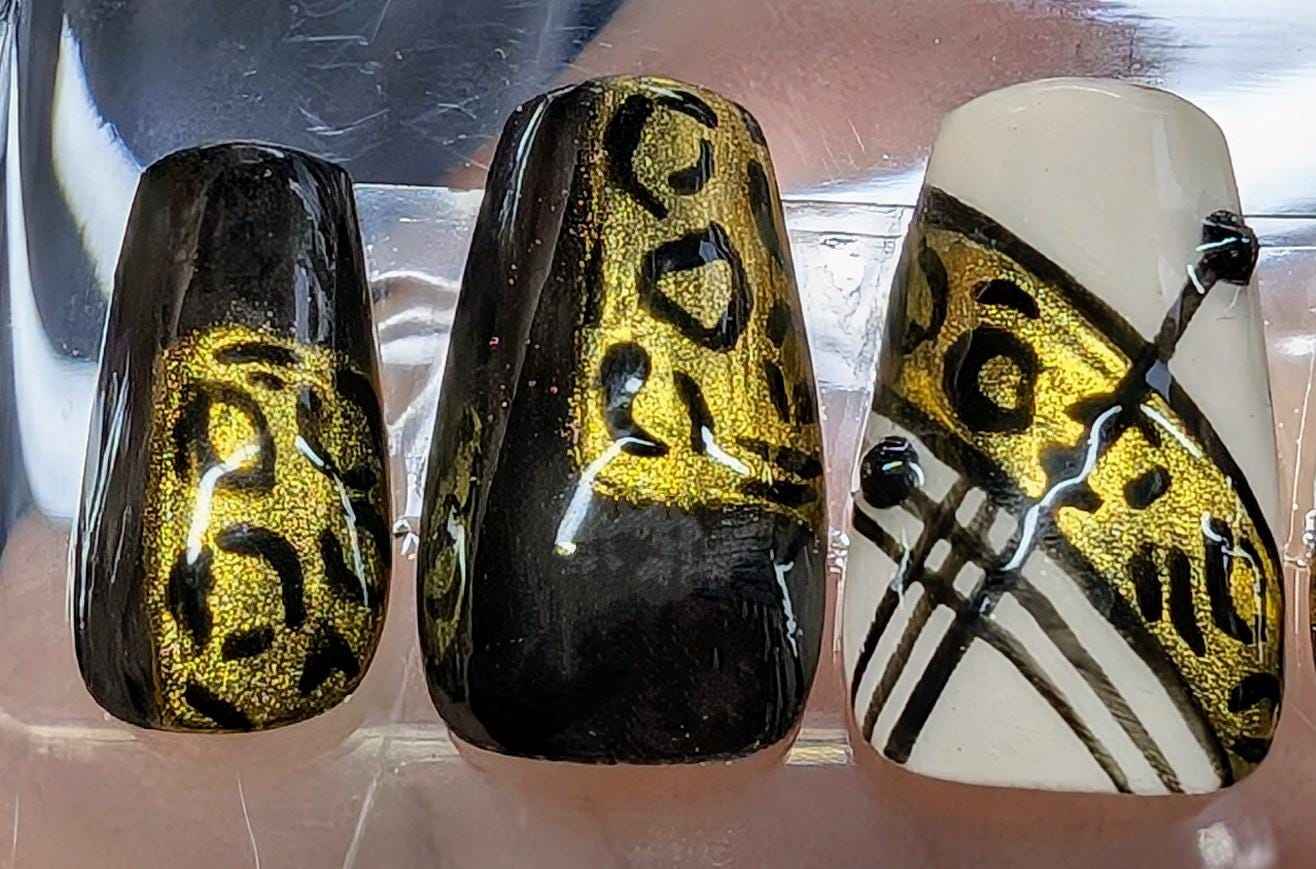 Black and Gold Press On Nails | Luxury Animal Print Chrome Stripe | Reusable 10pc Nail Set UK - Nikki Nailed it