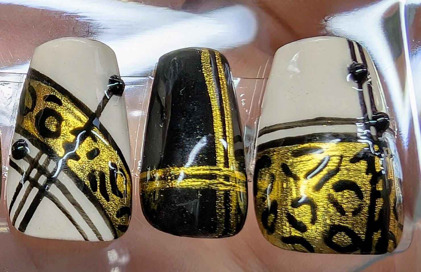 Black and Gold Press On Nails | Luxury Animal Print Chrome Stripe | Reusable 10pc Nail Set UK - Nikki Nailed it