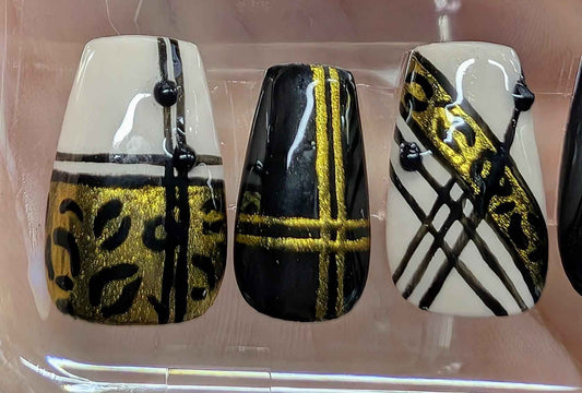 Black and Gold Press On Nails | Luxury Animal Print Chrome Stripe | Reusable 10pc Nail Set UK - Nikki Nailed it