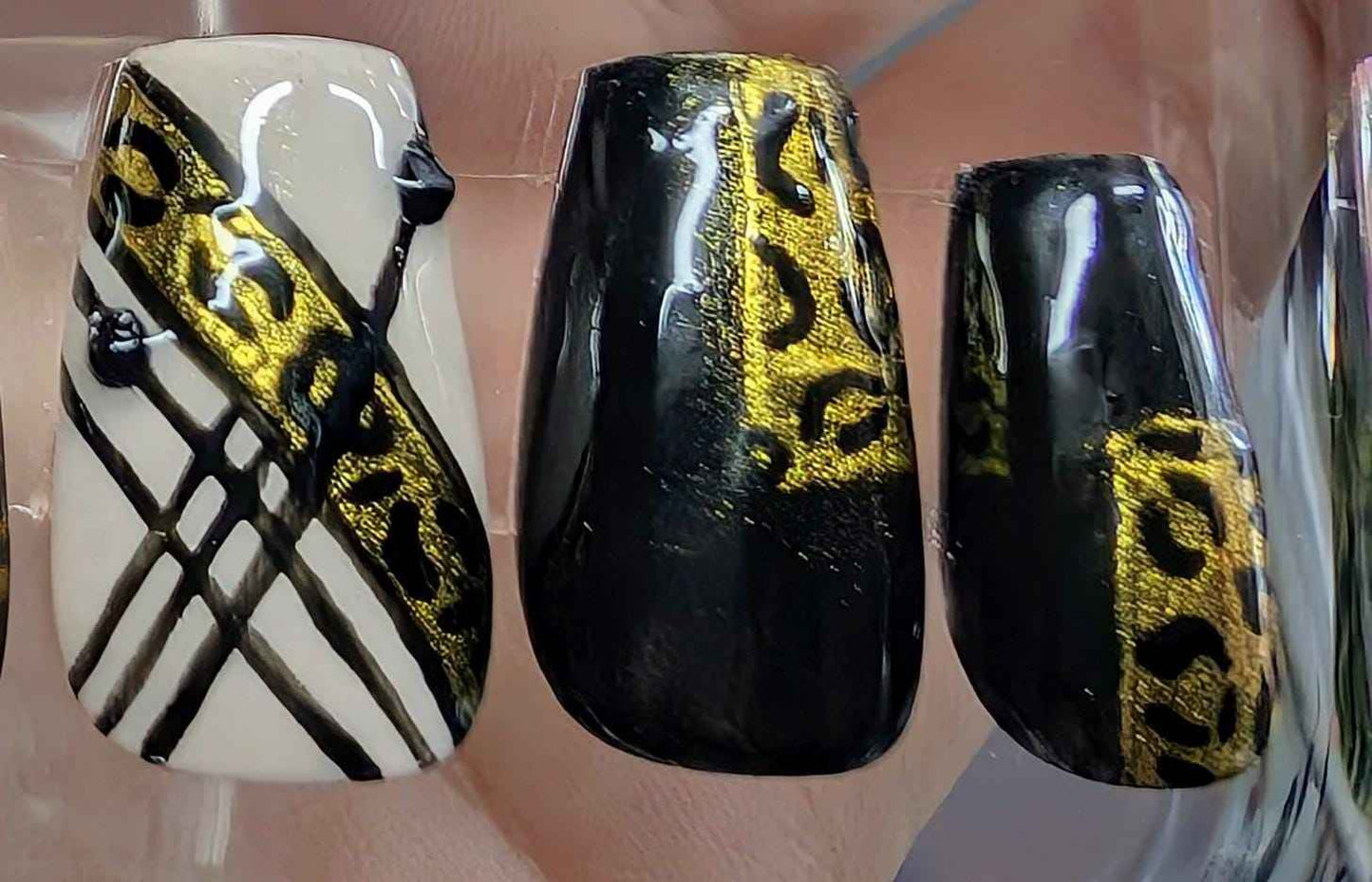 Black and Gold Press On Nails | Luxury Animal Print Chrome Stripe | Reusable 10pc Nail Set UK - Nikki Nailed it