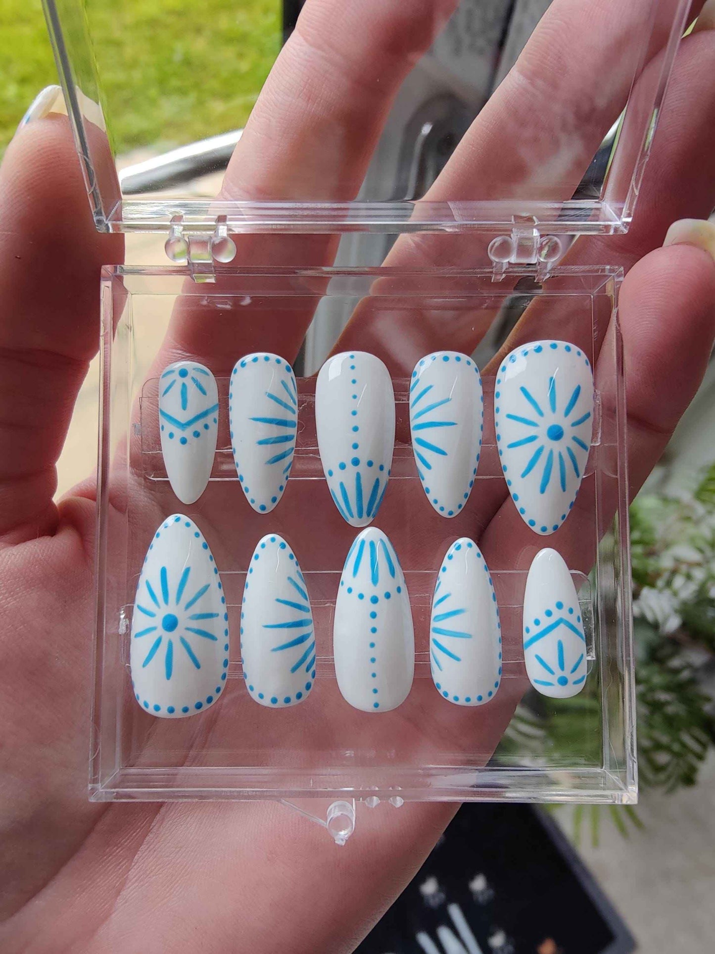 Blue and White Greek Tile Pattern Press On Nails - Luxury Reusable Artificial Nails UK - 10pc Summer Collection - Nikki Nailed it