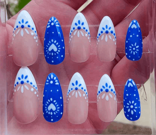 Blue Porcelain Press On Nails | Luxury Greek Pattern Gel Nails | Artificial Reusable Nails - Nikki Nailed it