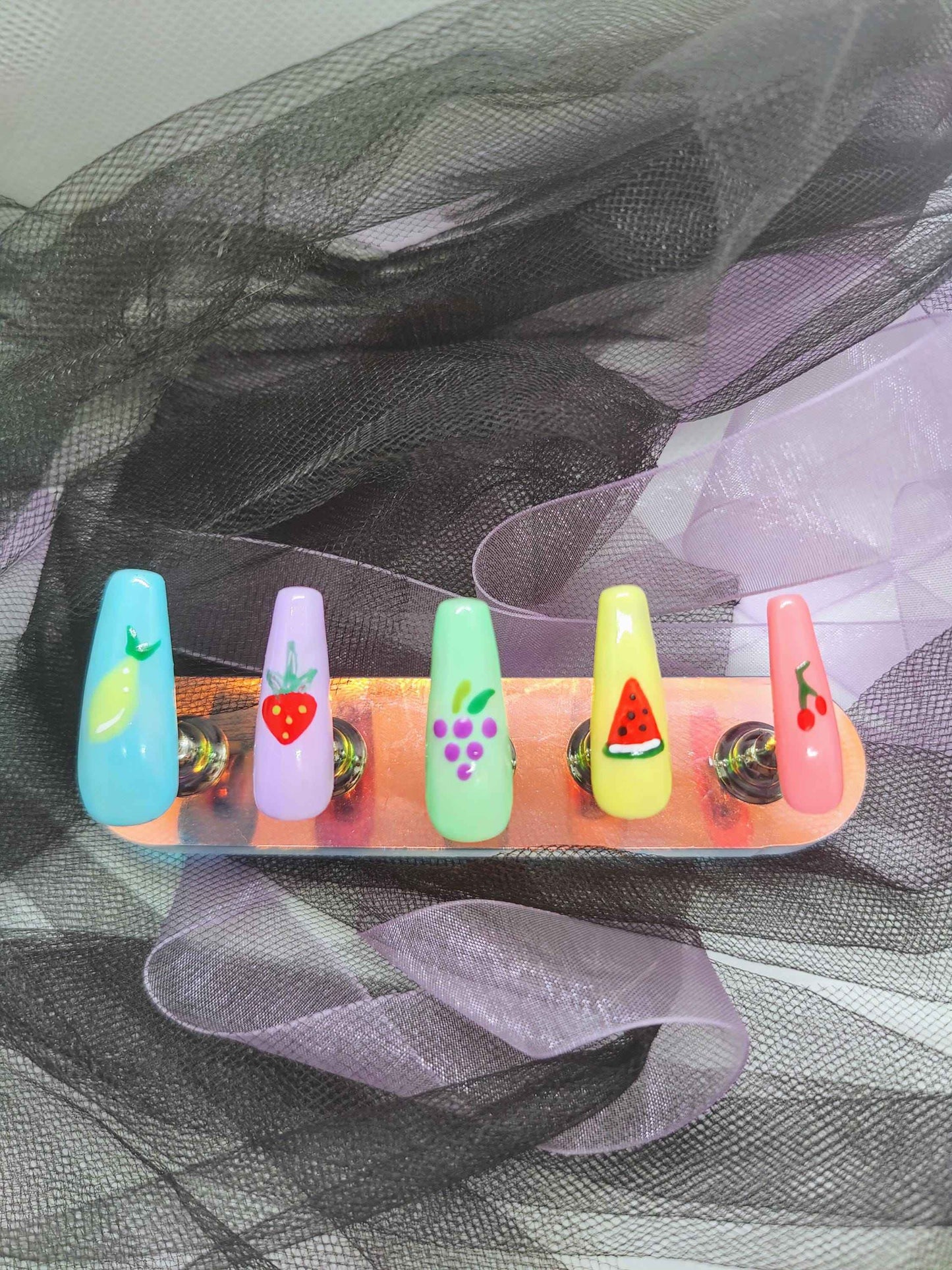 Fruit Pastel Press On Nails | Luxury Hand Painted Artificial Nails | 10pc Reusable Nail Set - Nikki Nailed it