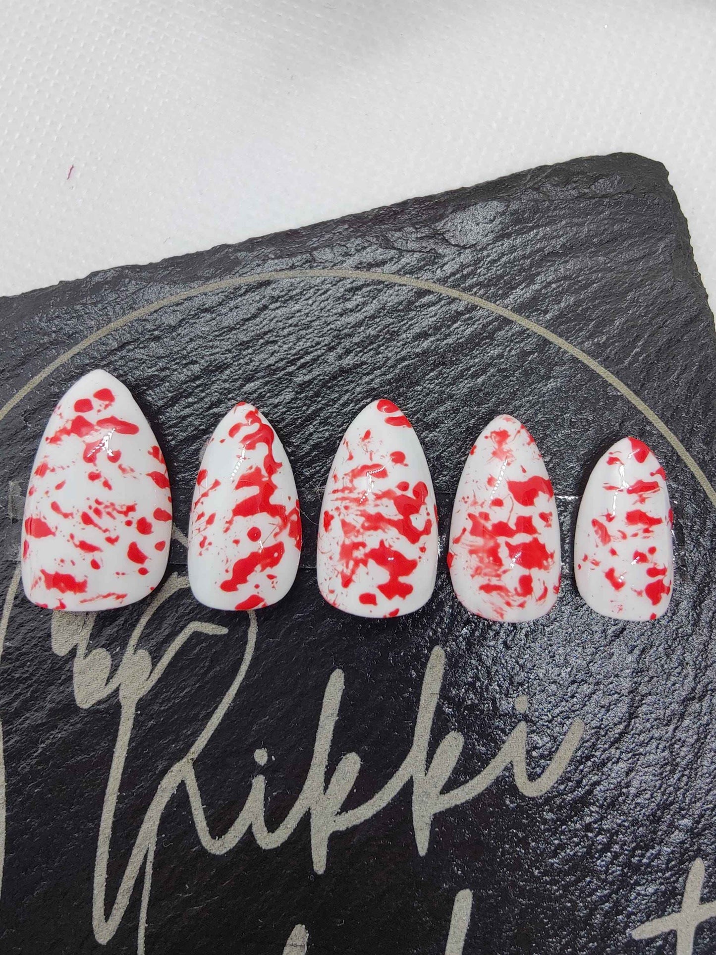 Halloween Blood Splatter Nails | Luxury Red and White Press On Nails | 10pc Reusable Artificial Nails - Nikki Nailed it