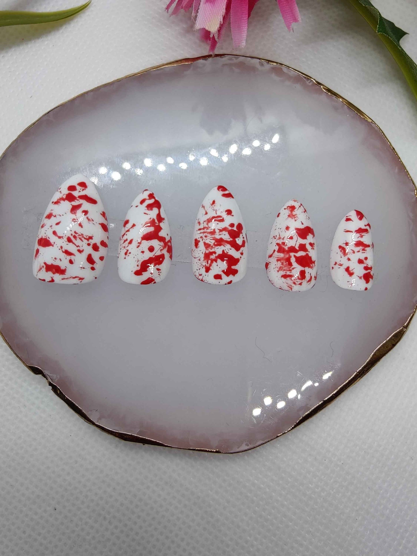 Halloween Blood Splatter Nails | Luxury Red and White Press On Nails | 10pc Reusable Artificial Nails - Nikki Nailed it