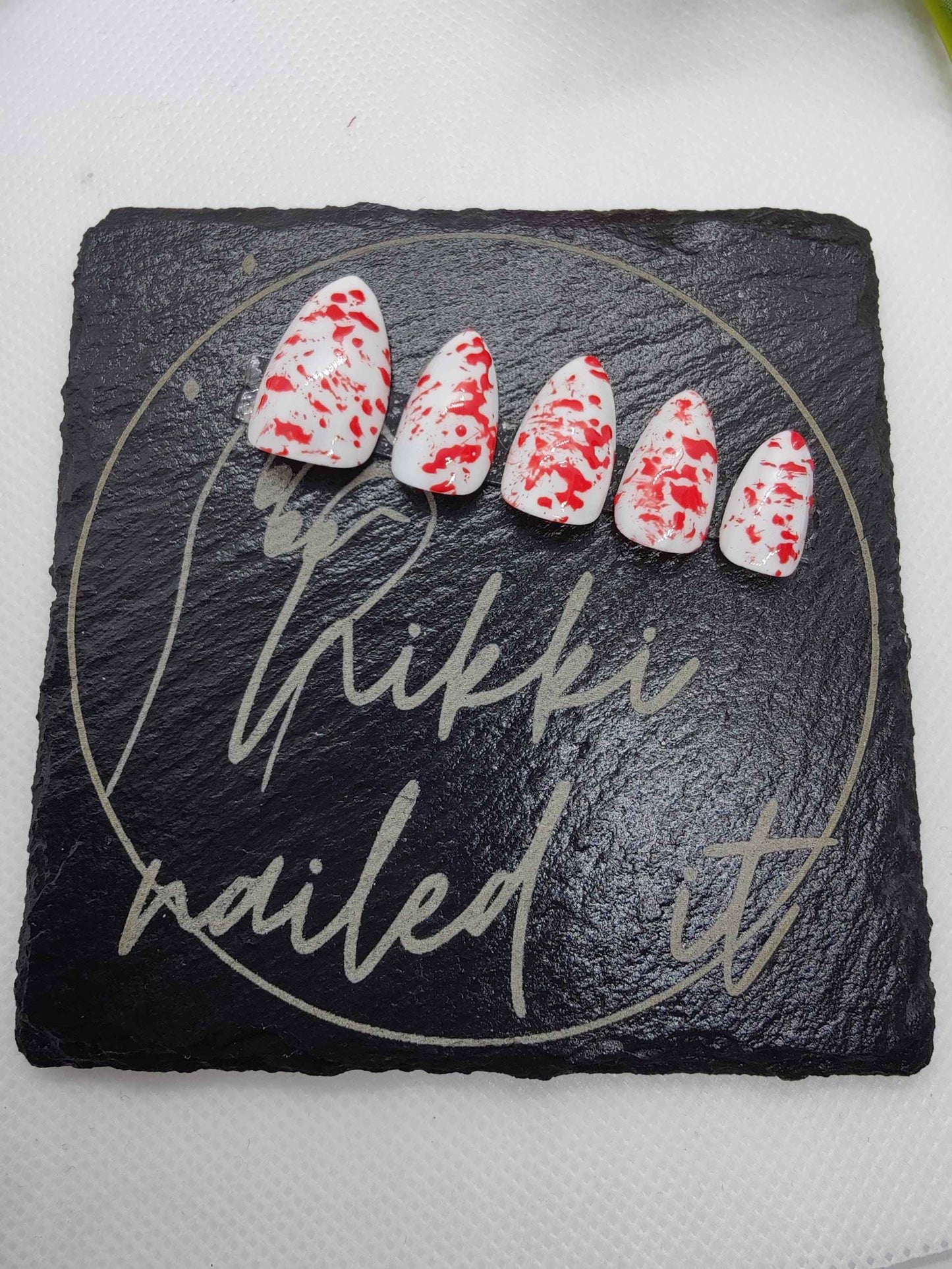 Halloween Blood Splatter Nails | Luxury Red and White Press On Nails | 10pc Reusable Artificial Nails - Nikki Nailed it