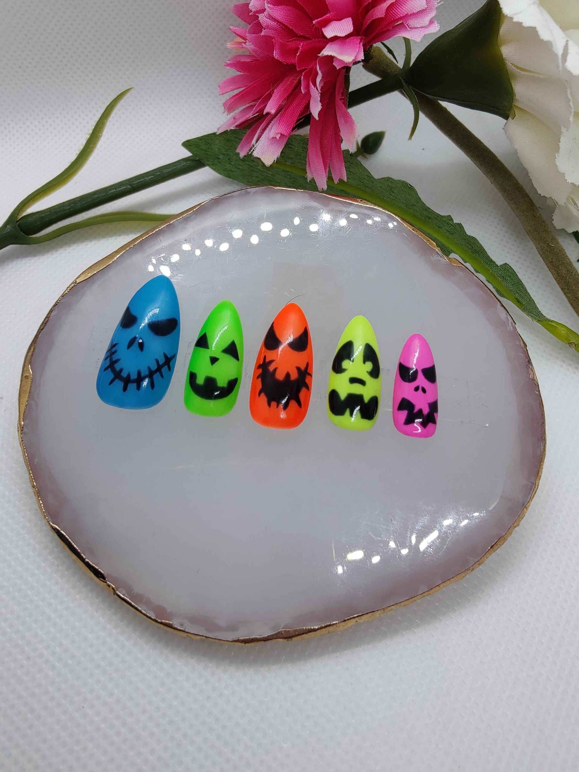 Halloween Press On Nails | Neon Black Scary Face | Luxury Gel Nails Set | Reusable 10pc Artificial Nails - Nikki Nailed it