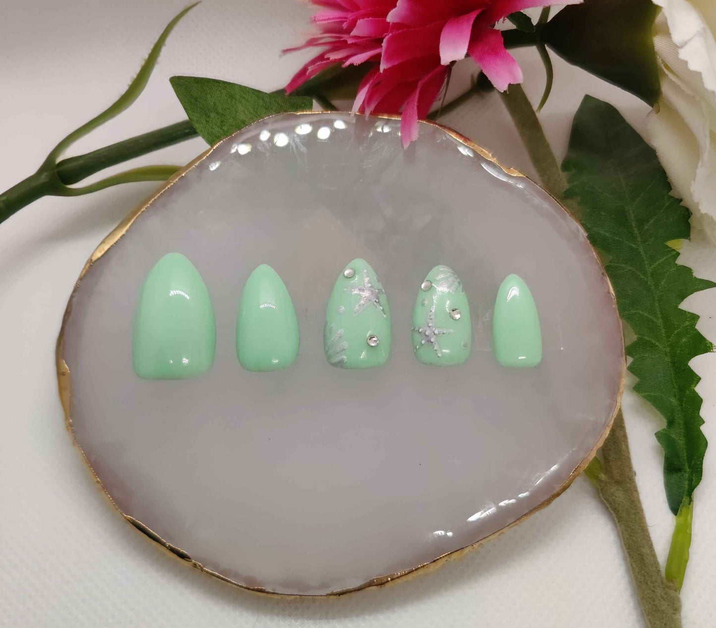 Mermaid Mint Green Press On Nails | Luxury Chrome Ocean Design | 10pc Reusable Artificial Nail Set UK - Nikki Nailed it