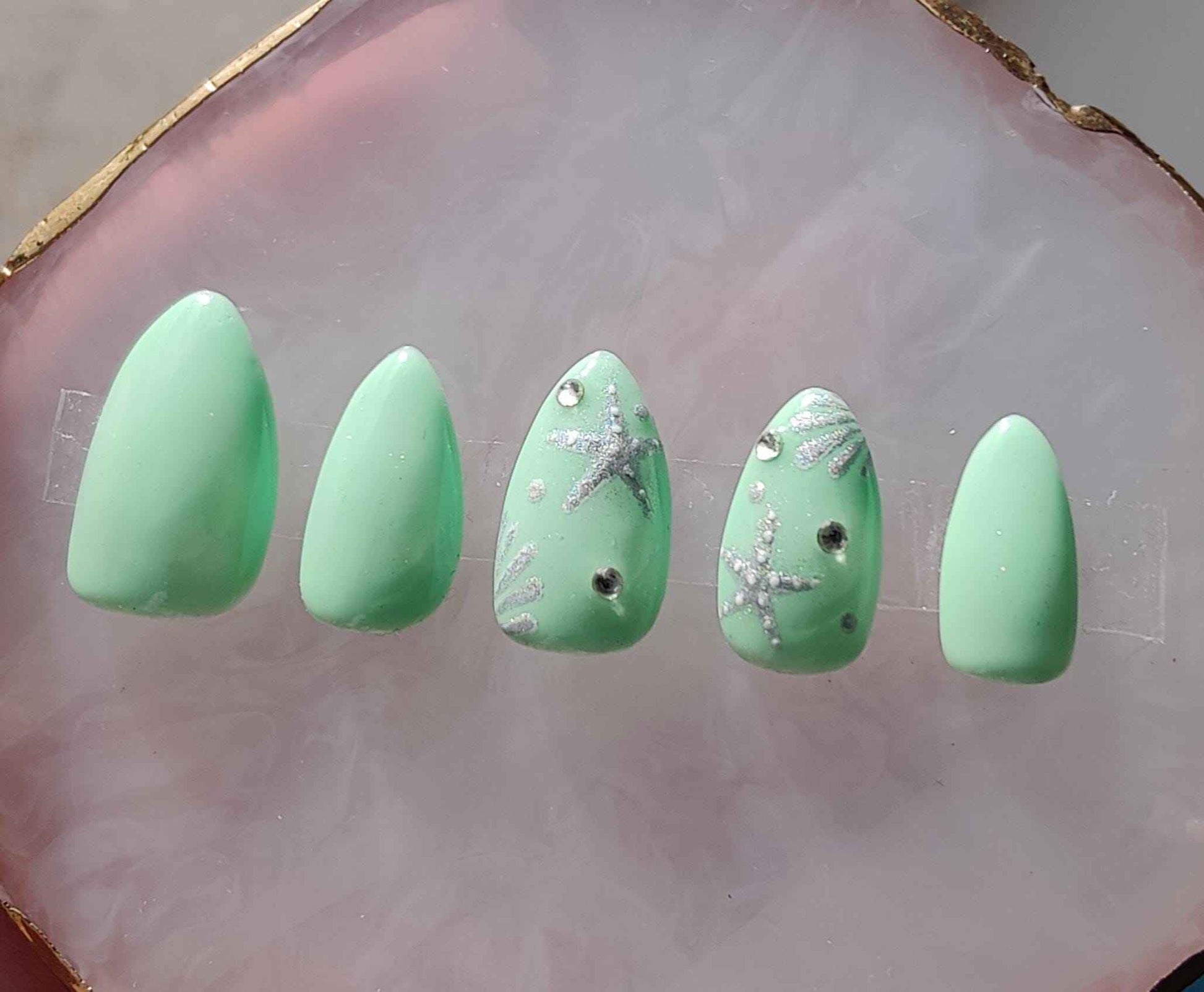 Mermaid Mint Green Press On Nails | Luxury Chrome Ocean Design | 10pc Reusable Artificial Nail Set UK - Nikki Nailed it