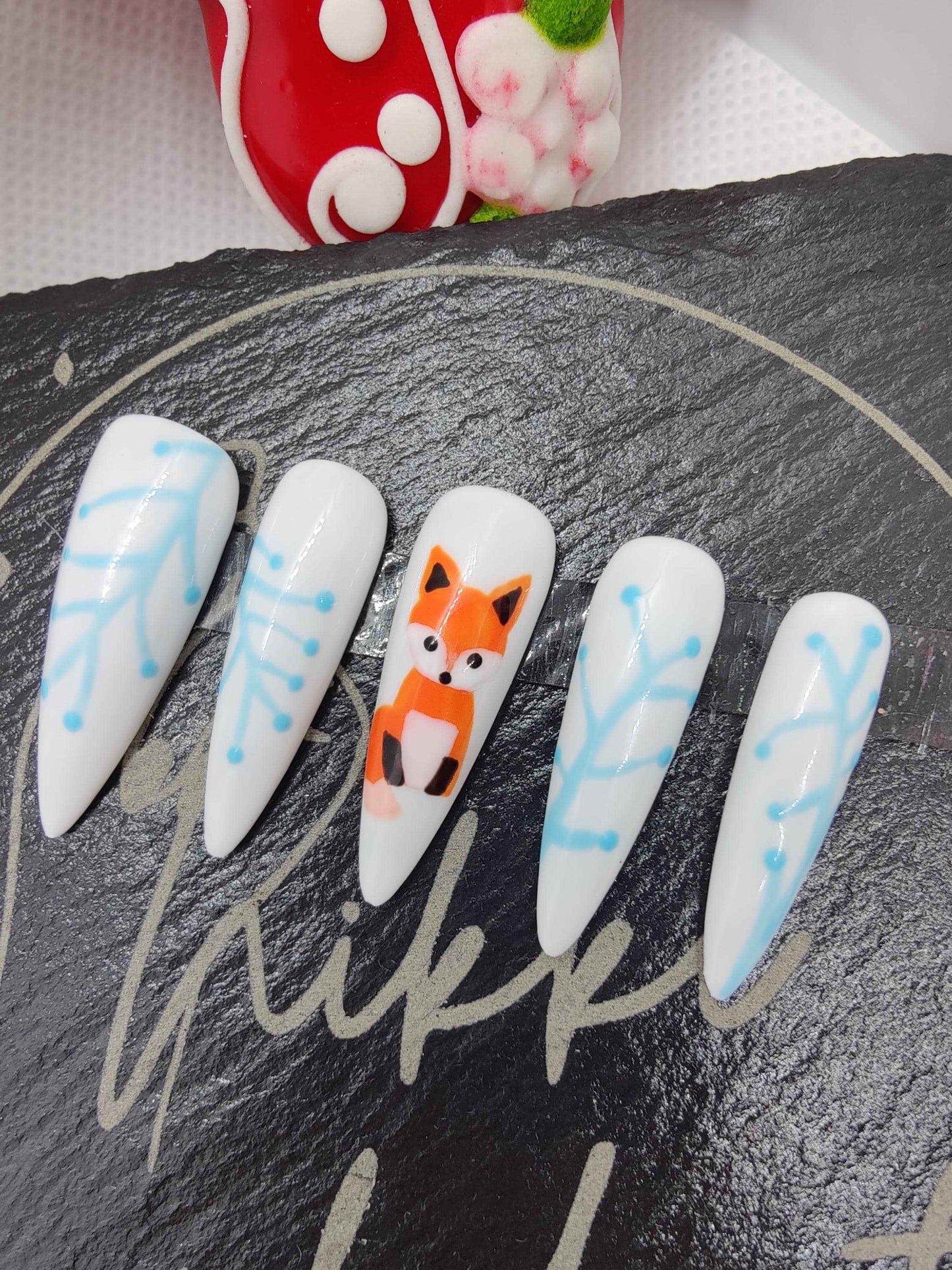 Nailmas 2024 Day 10 - Hand Painted Fox Press On Nails in Icey Blue & White | Luxury Nail Art by Nikki Nailed It - Nikki Nailed it