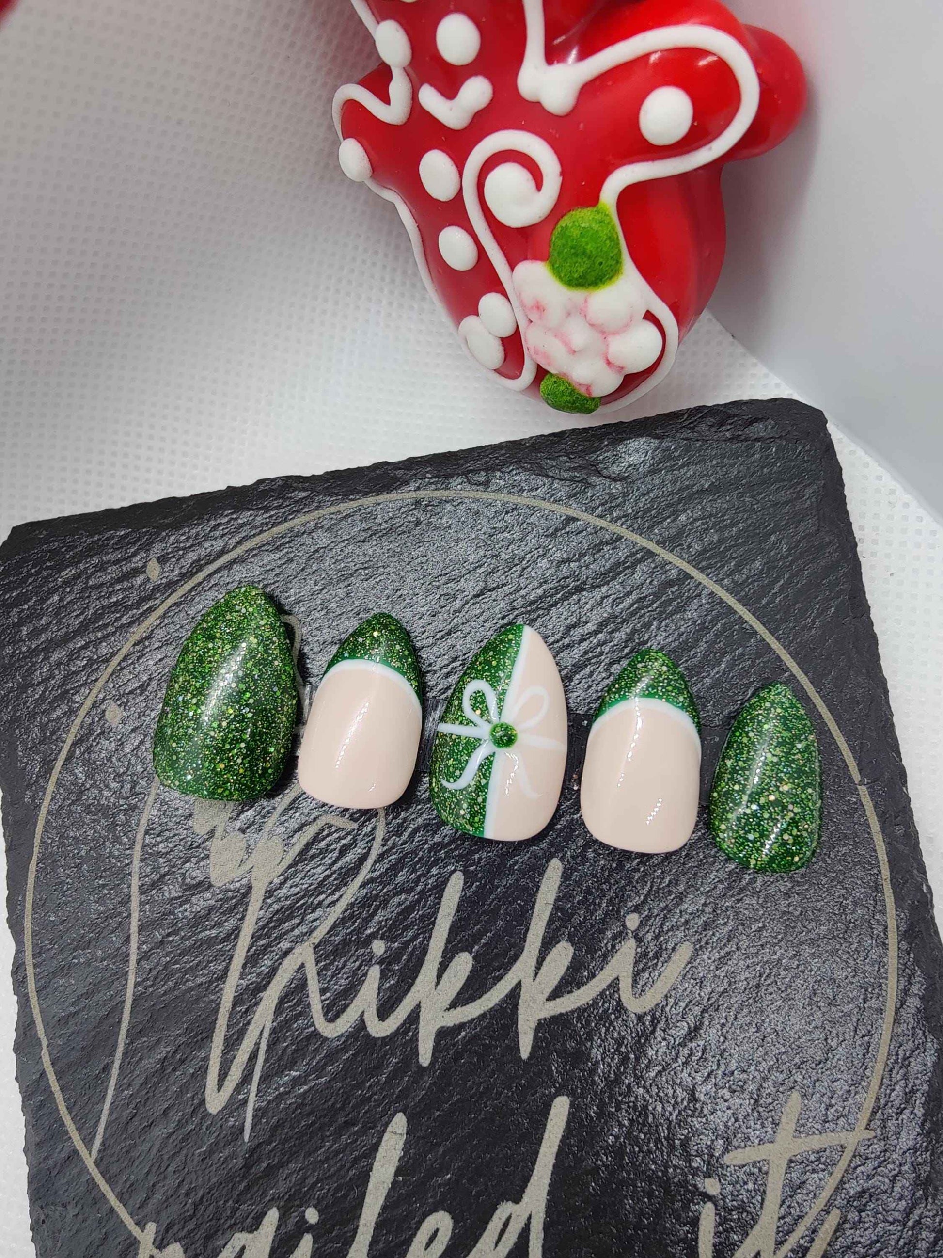 Nailmas 2024 Day 11 Hand Painted Green Glitter Nails Luxury Press On Christmas Advent Art - Nikki Nailed it