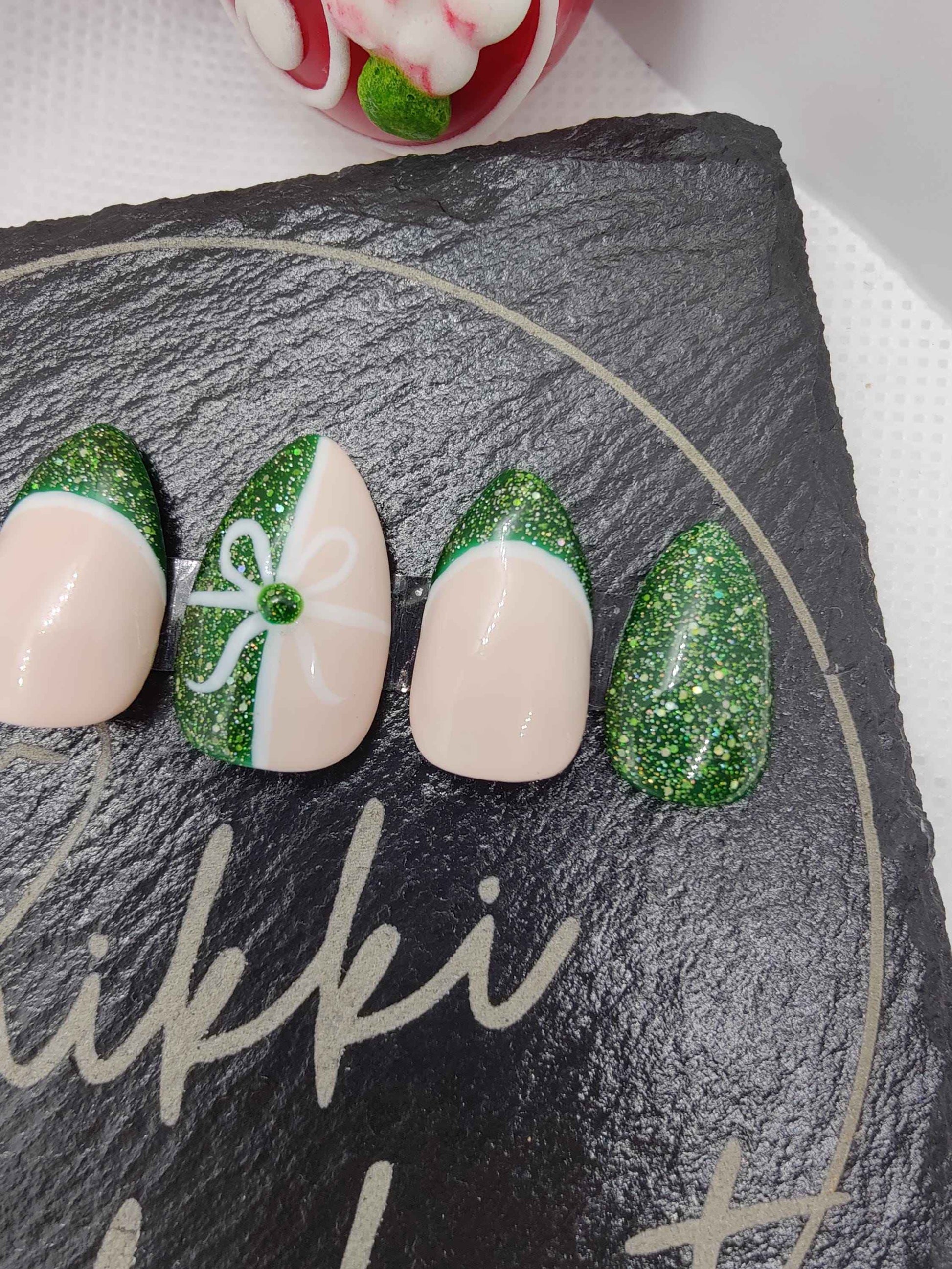 Nailmas 2024 Day 11 Hand Painted Green Glitter Nails Luxury Press On Christmas Advent Art - Nikki Nailed it