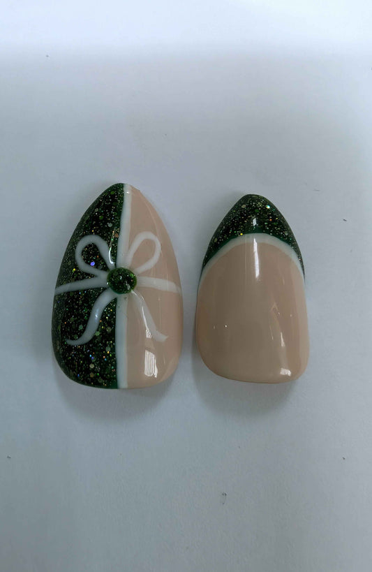 Nailmas 2024 Day 11 Hand Painted Green Glitter Nails Luxury Press On Christmas Advent Art - Nikki Nailed it