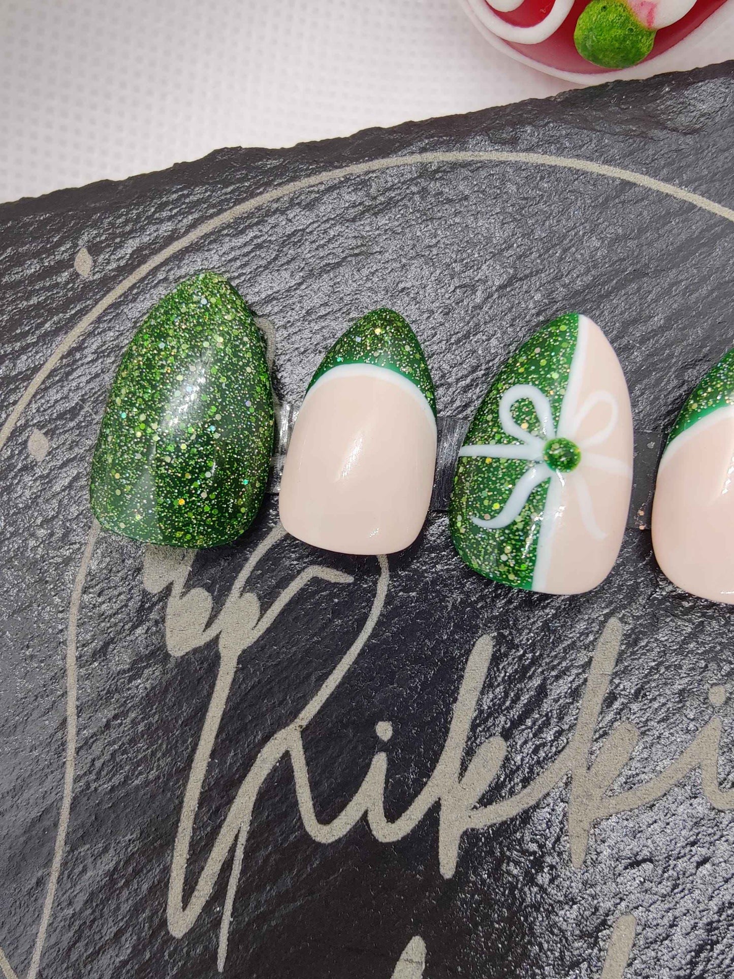 Nailmas 2024 Day 11 Hand Painted Green Glitter Nails Luxury Press On Christmas Advent Art - Nikki Nailed it