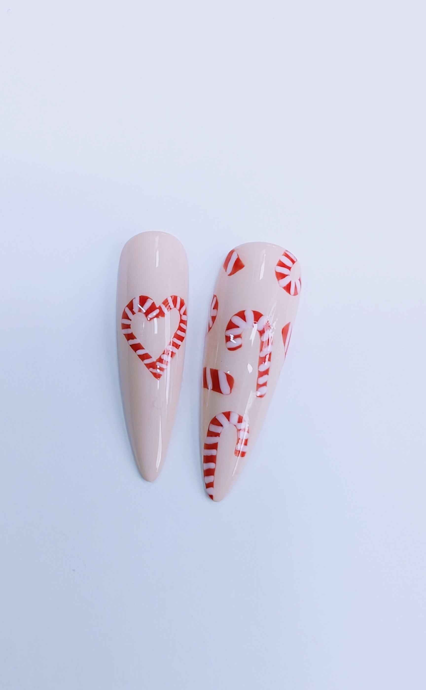 Nailmas 2024 Day 4 Christmas Candy Cane Press On Nails | Hand Painted Red & White Luxury Nail Art - Nikki Nailed it