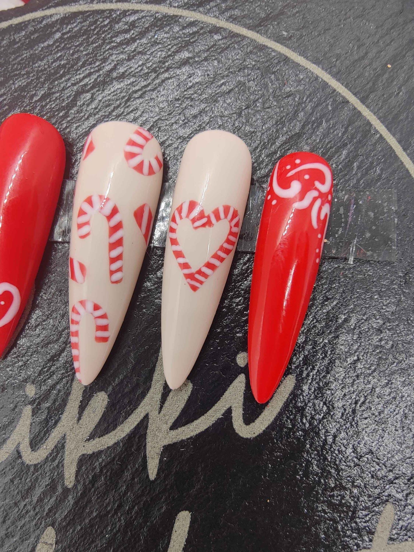 Nailmas 2024 Day 4 Christmas Candy Cane Press On Nails | Hand Painted Red & White Luxury Nail Art - Nikki Nailed it