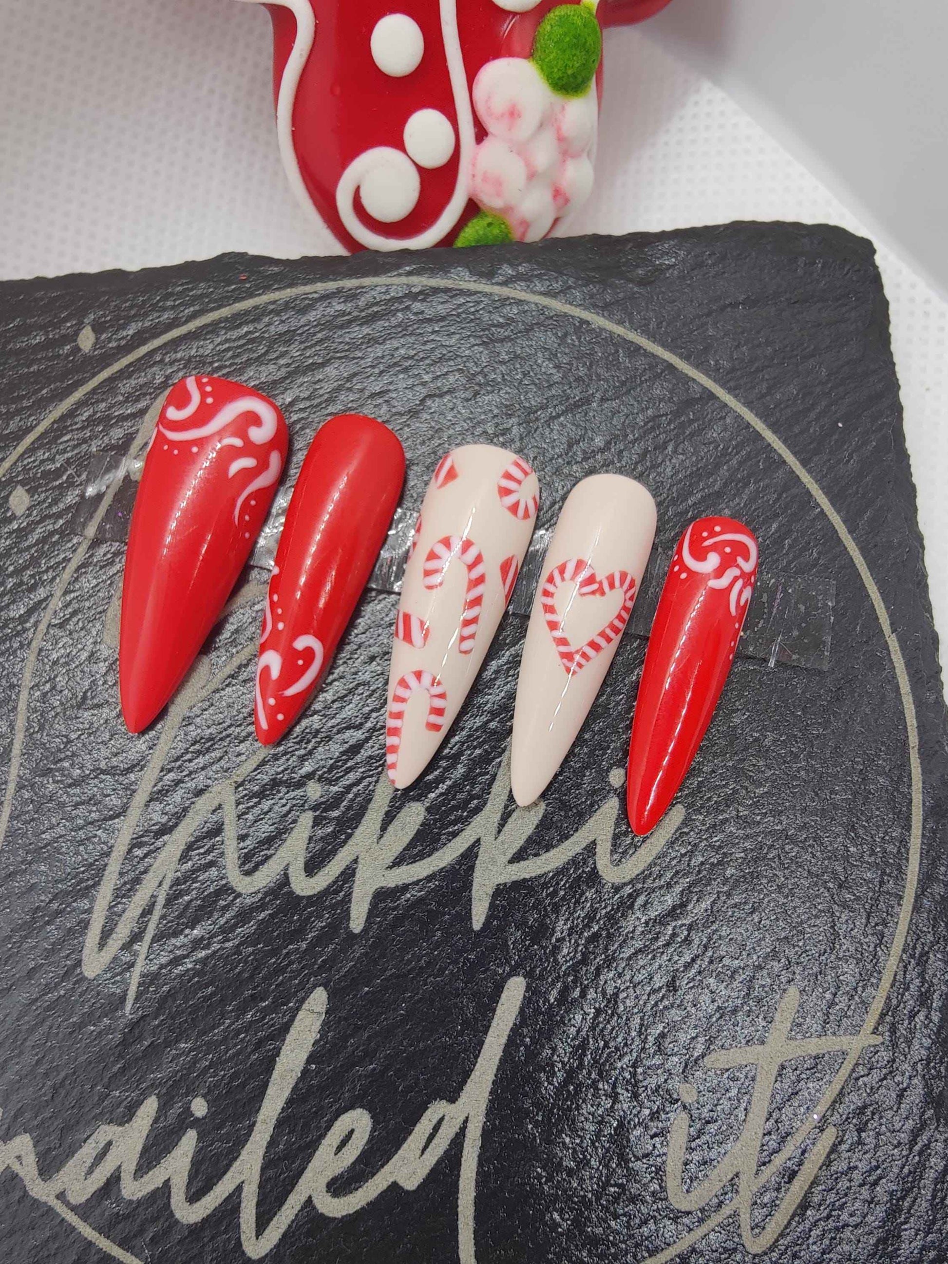 Nailmas 2024 Day 4 Christmas Candy Cane Press On Nails | Hand Painted Red & White Luxury Nail Art - Nikki Nailed it