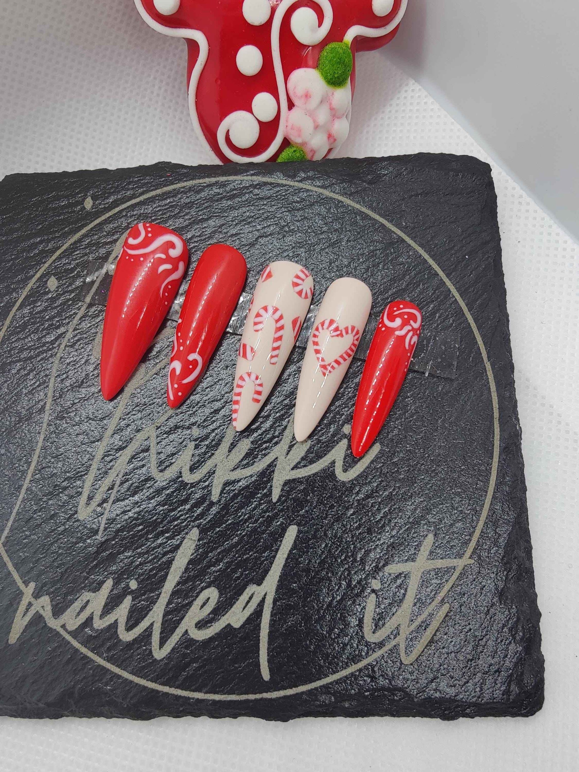 Nailmas 2024 Day 4 Christmas Candy Cane Press On Nails | Hand Painted Red & White Luxury Nail Art - Nikki Nailed it