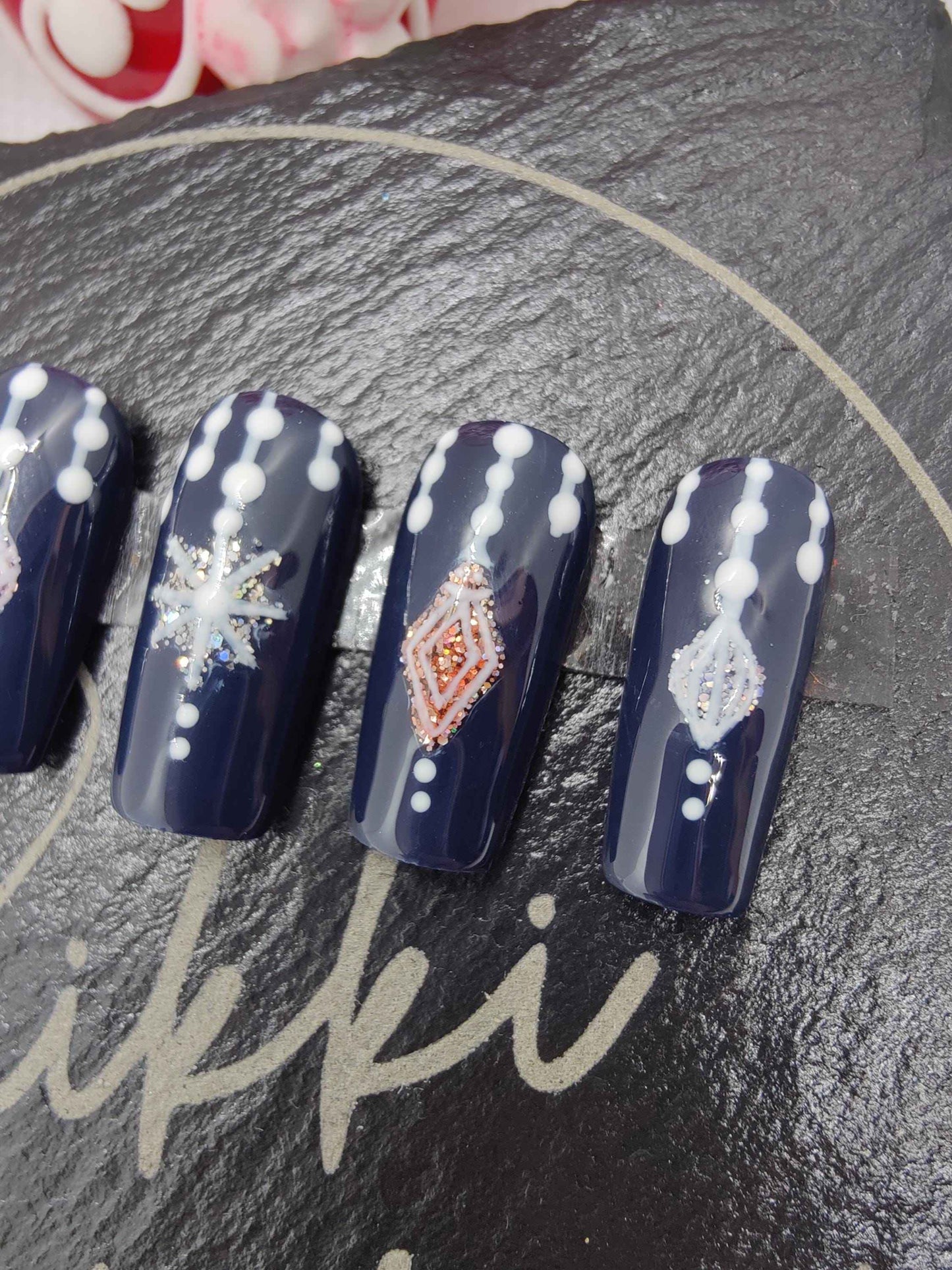 Nailmas 2024 Day 6 Hand Painted Glitter Press On Nails | Navy Blue Bauble Design | Luxury Nail Art by Nikki Nailed It - Nikki Nailed it