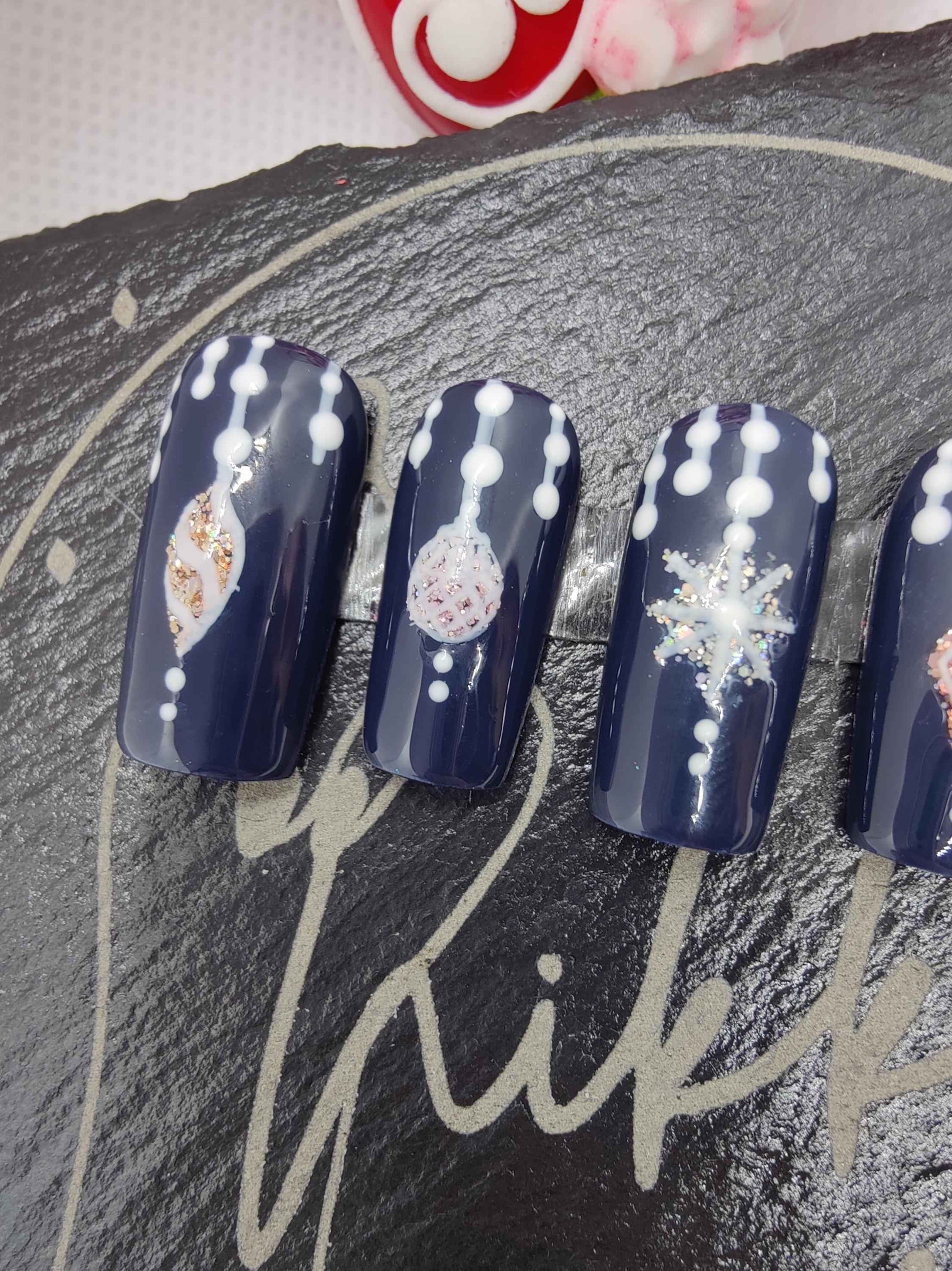 Nailmas 2024 Day 6 Hand Painted Glitter Press On Nails | Navy Blue Bauble Design | Luxury Nail Art by Nikki Nailed It - Nikki Nailed it