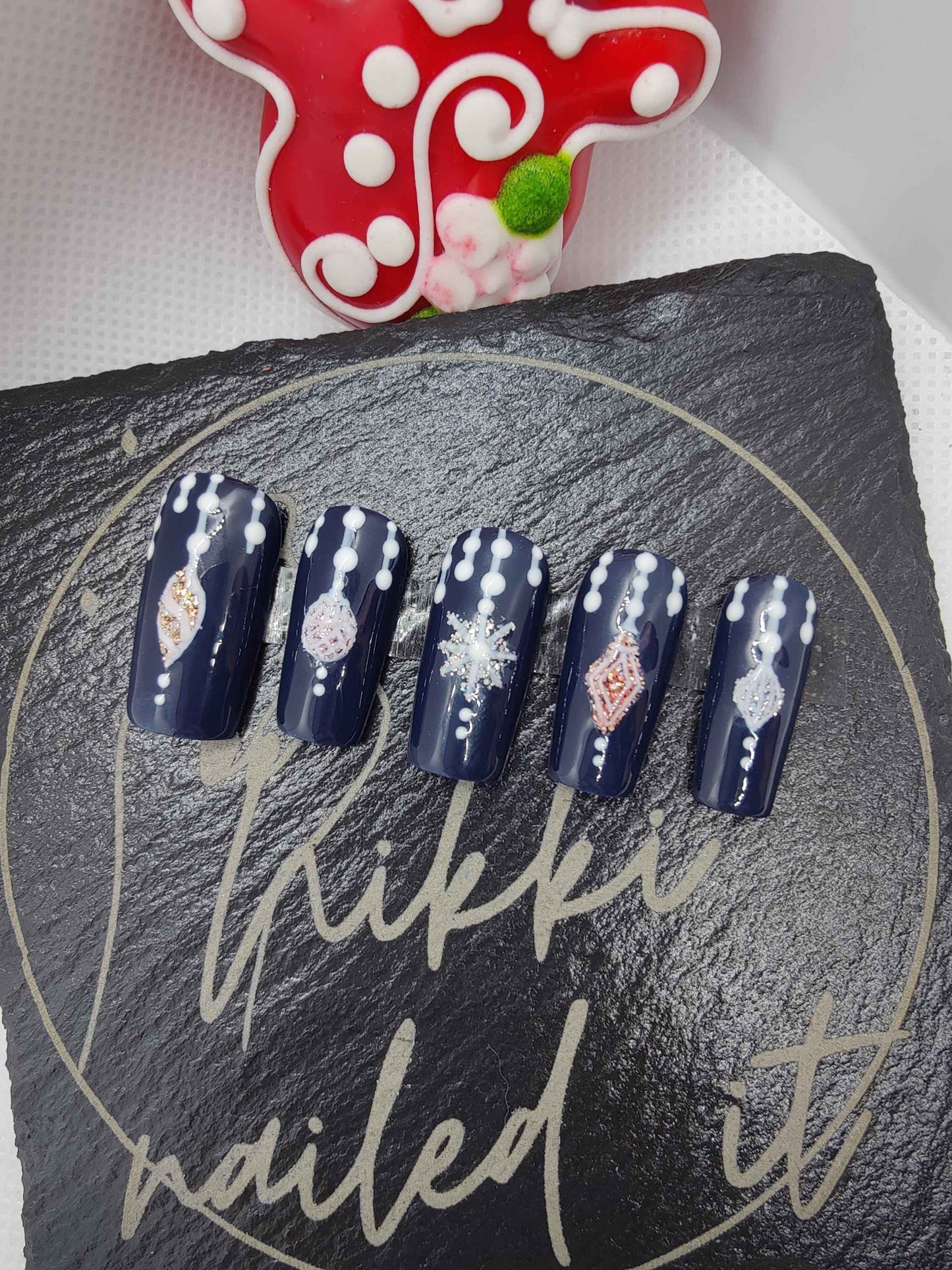 Nailmas 2024 Day 6 Hand Painted Glitter Press On Nails | Navy Blue Bauble Design | Luxury Nail Art by Nikki Nailed It - Nikki Nailed it