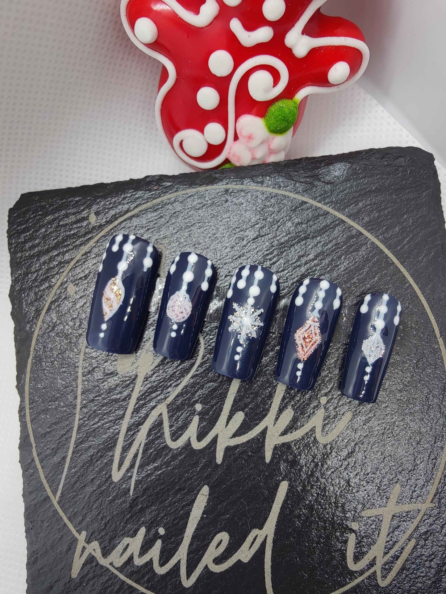 Nailmas 2024 Day 6 Hand Painted Glitter Press On Nails | Navy Blue Bauble Design | Luxury Nail Art by Nikki Nailed It - Nikki Nailed it