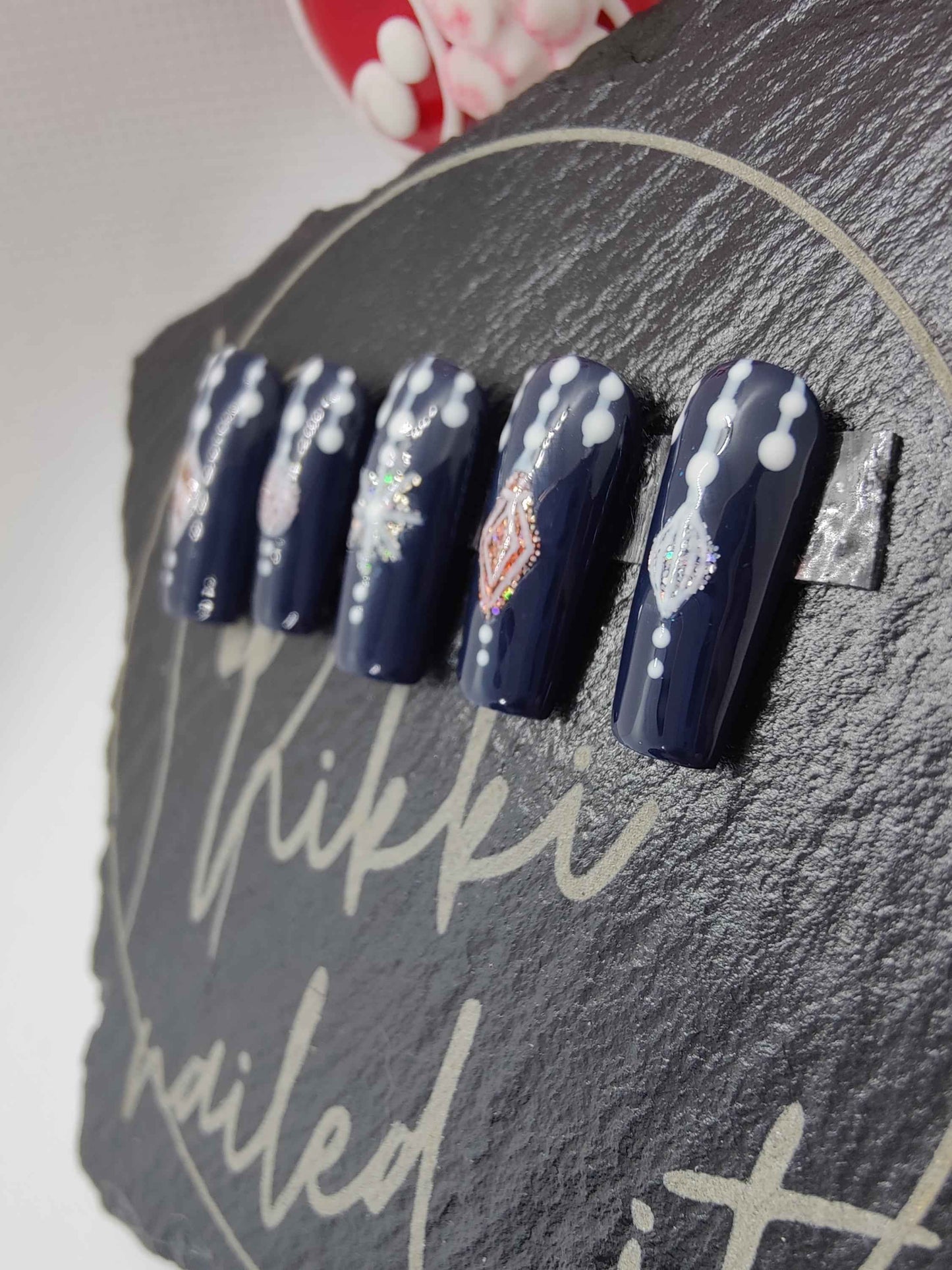 Nailmas 2024 Day 6 Hand Painted Glitter Press On Nails | Navy Blue Bauble Design | Luxury Nail Art by Nikki Nailed It - Nikki Nailed it